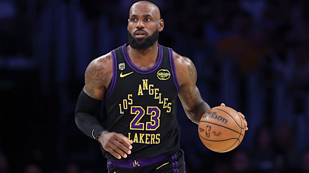 LeBron James of the Los Angeles Lakers dribbles the ball.