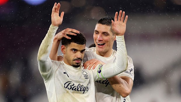 Morgan Gibbs-White and Nikola Milenkovic of Nottingham Forest celebrate after the teams victory.