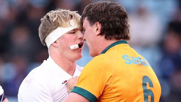 Henry Pollock of England clashes with Tom Hooper of Australia.