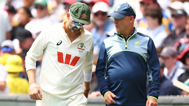 Nathan Lyon of Australia leaves the field.