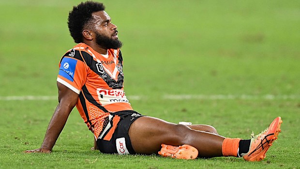 Sunia Turuva of the Tigers looks dejected after losing to the Cowboys.