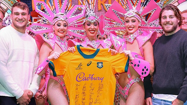 Nick Champion de Crespigny and Fraser McReight with Australian Moulin Rouge dancer Jemila Durham.