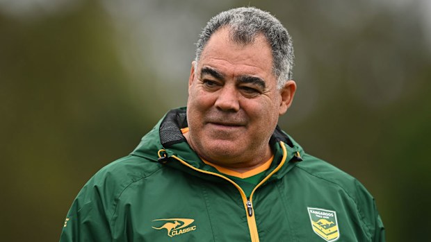 Kangaroos Coach Mal Meninga looks on during a Australia Kangaroos training session.