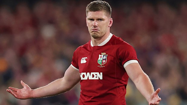 Owen Farrell of British & Irish Lions reacts.