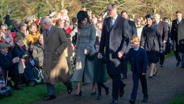 The Prince of Wales, The Duke and Duchess of Cambridge and their children Prince George and Princess Charlotte arriving to attend the Christmas Day morning church service at St Mary Magdalene Church in Sandringham, Norfolk. 