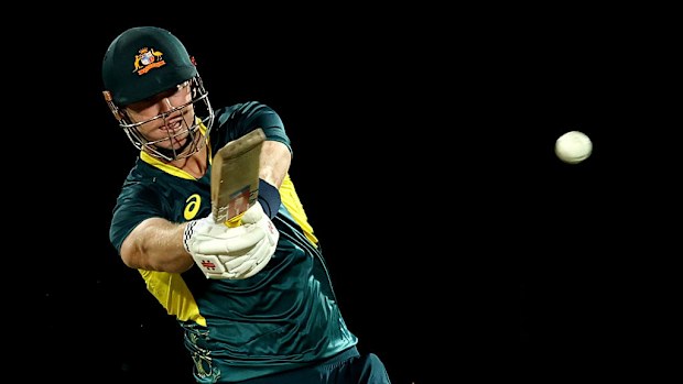 Mitchell Owen of Australia bats during game two in the T20 International series against South Africa.
