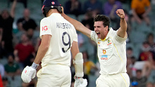Jhye Richardson celebrates the wicket of Jimmy Anderson. 