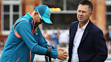 LONDON, ENGLAND - JULY 01: Nathan Lyon of Australia speaks to Ricky Ponting while on crutches after sustaining an injury on Day Two during Day Four of the LV= Insurance Ashes 2nd Test match between England and Australia at Lord's Cricket Ground on July 01, 2023 in London, England. (Photo by Ryan Pierse/Getty Images)