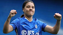 Sam Kerr celebrates scoring Chelsea's second goal against Manchester City.