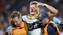 Caleb Tangitau of the Highlanders leaves the field injured.