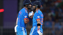 CHENNAI, INDIA - OCTOBER 08: Virat Kohli (R) and KL Rahul of India interact during the ICC Men's Cricket World Cup India 2023 between India and Australia at MA Chidambaram Stadium on October 08, 2023 in Chennai, India. (Photo by Robert Cianflone/Getty Images)