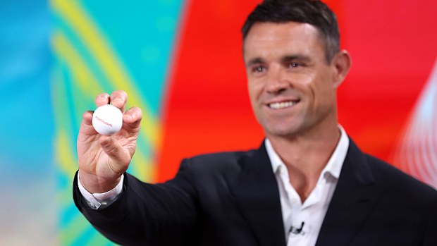 Dan Carter chooses a draw ball at Channel Nine Studios.