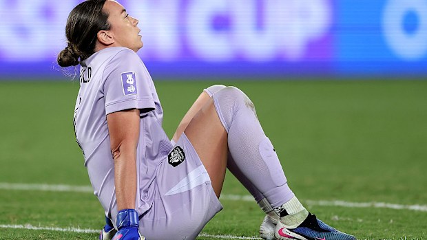Mackenzie Arnold of the Matildas looks dejected after losing.