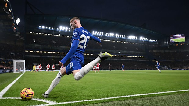 Cole Palmer of Chelsea takes a corner kick.