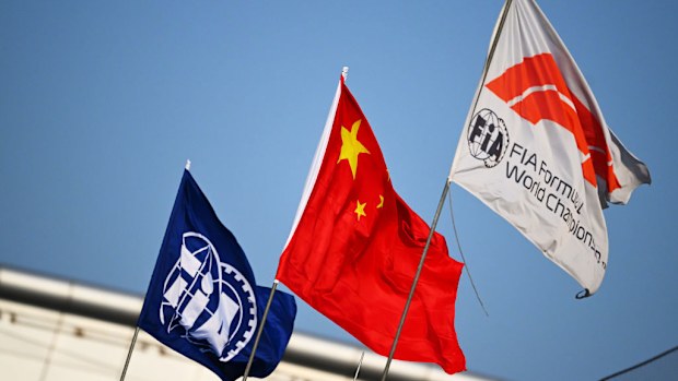 The FIA, China and Formula 1 flags fly in the Paddock during previews ahead of the F1 Grand Prix of China at Shanghai International Circuit on March 20, 2025 in Shanghai, China. (Photo by Mark Sutton - Formula 1/Formula 1 via Getty Images)