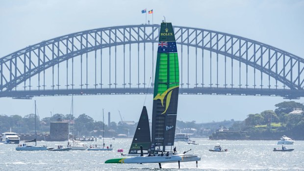 Tom Slingsby drives the Australian Flying Roos boat. 
