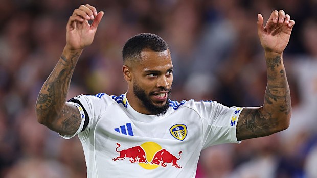 Lukas Nmecha of Leeds United celebrates after scoring a goal.