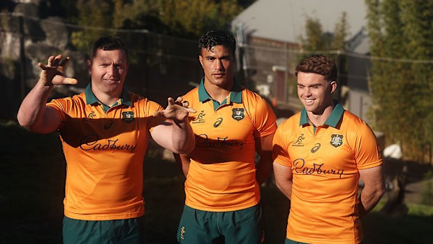 Angus Bell, Joseph-Aukuso Suaalii and Andrew Kellaway pose in the lions enclosure.