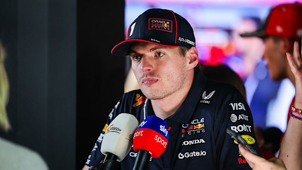 Max Verstappen of Oracle Red Bull Racing answers questions in the media pen during the F1 Grand Prix of Bahrain.