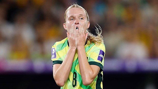 Kaitlyn Torpey of the Matildas reacts after missing a shot on goal.