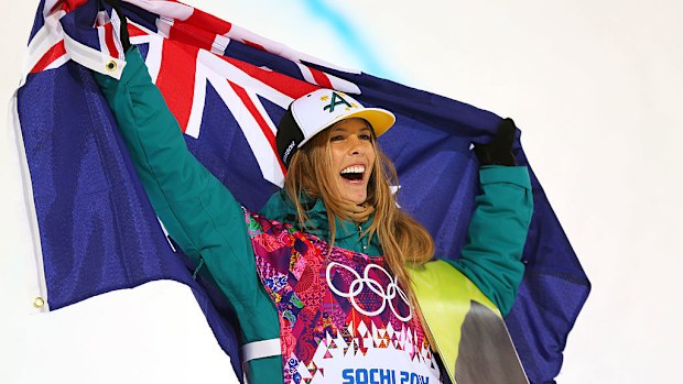 Torah Bright celebrates at the Sochi 2014 Winter Olympics.