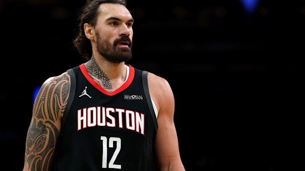 Steven Adams of the Houston Rockets looks on.