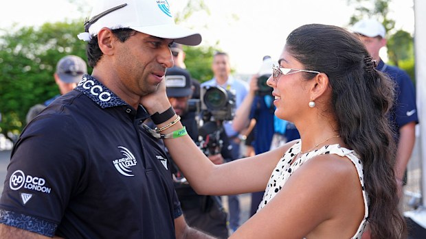 Aaron Rai with his wife Gaurika Bishnoi after winning the PGA Championship.