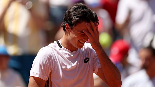 Adam Walton celebrates one of his career milestones after beating Daniil Medvedev. 