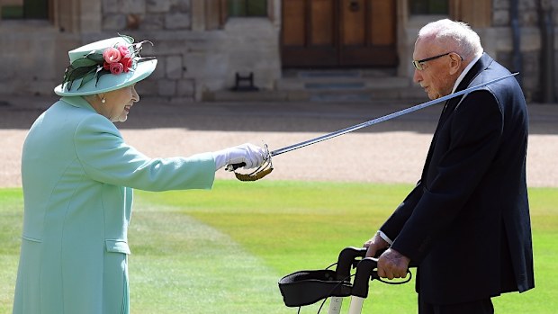 Queen Elizabeth confers the Honour of Knighthood on Captain Sir Thomas Moore in July 2020.