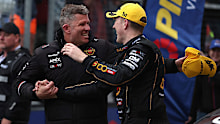 Matthew Payne driver of the #100 Penrite Racing Ford Mustang GT celebrates with co driver Garth Tander after they won the 2025 Bathurst 1000 which is part of the 2025 Supercars Championship at Mount Panorama.