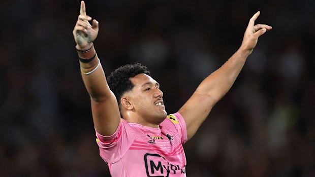 Paul Alamoti celebrates scoring a try in the 2024 NRL Grand Final. 