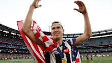 Mason Cox of the Magpies celebrates during the 2023 AFL Grand Final match between the Collingwood Magpies and the Brisbane Lions.