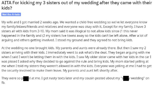 The groom has asked for advice on Reddit.