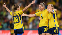BRISBANE, AUSTRALIA - AUGUST 19: (L-R) Elin Rubensson, Linda Sembrant and Magdalena Eriksson of Sweden celebrate after the team's victory in the FIFA Women's World Cup Australia & New Zealand 2023 Third Place Match match between Sweden and Australia at Brisbane Stadium on August 19, 2023 in Brisbane, Australia. (Photo by Justin Setterfield/Getty Images)