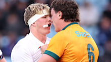 Henry Pollock of England clashes with Tom Hooper of Australia.