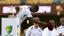 BRISBANE, AUSTRALIA - JANUARY 28: Shamar Joseph of the West Indies takes a bow as he celebrates winning the man of the match and man of the series awards during day four of the Second Test match in the series between Australia and West Indies at The Gabba on January 28, 2024 in Brisbane, Australia. (Photo by Bradley Kanaris/Getty Images)