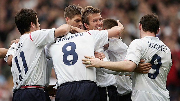 Michael Owen celebrates with his teammates after scoring the second goal during the World Cup Qualifier Group 6 match between England and Northern Ireland in 2005.