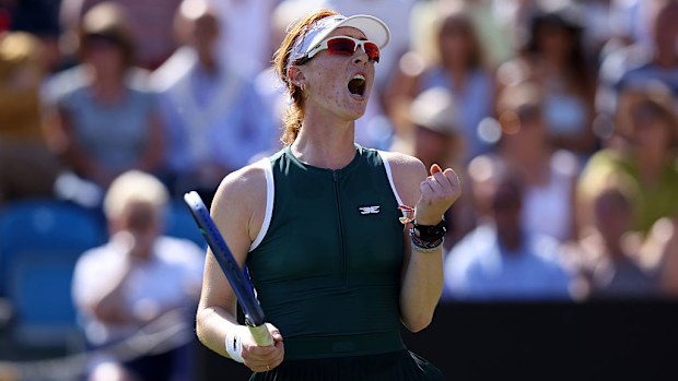 Maya Joint of Australia celebrates following victory against Emma Raducanu of Great Britain in the Women's Singles Second Round match on Day Three of the Lexus Eastbourne Open.