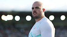 Matthew Denny of Queensland looks on in the Mens Discus Throw Final.