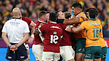 Will Skelton of the Wallabies scuffles with James Lowe of the British & Irish Lions.