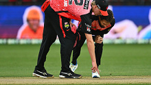 Melbourne Renegades players inspect the pitch at GMHBA Stadium. 