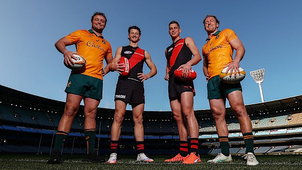 Wallabies Harry Wilson and Harry Potter with Bombers Jaxon Prior and Archer May at the MCG.