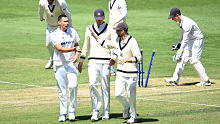 Scott Boland celebrates the wicket of Jack Edwards.