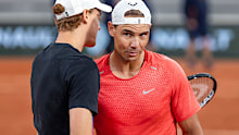 Rafael Nadal of Spain greets Jannik Sinner of Italy.