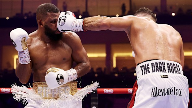 Noel Mikaeljan lands a punch on Badou Jack in Riyadh.