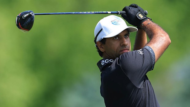 Aaron Rai of England tees off.
