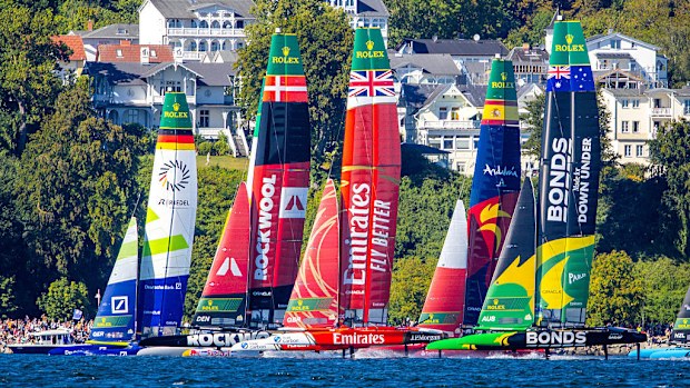 The SailGP F50 catamarans start a race on the Baltic Sea off Rügen.
