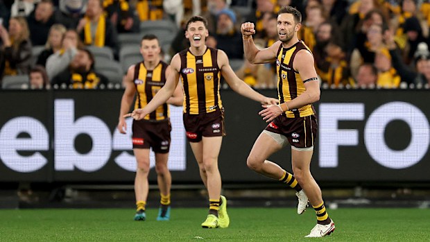 Jack Gunston, de Hawks, celebra um gol chutando um gol.
