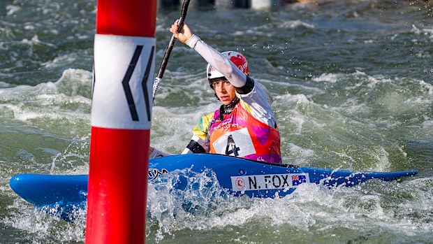 Noemie Fox of Australia competes in the Women's Kayak Cross Individual Time Trials.
