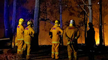 Fire fighters watch one of dozens of blazes burning across New South Wales.